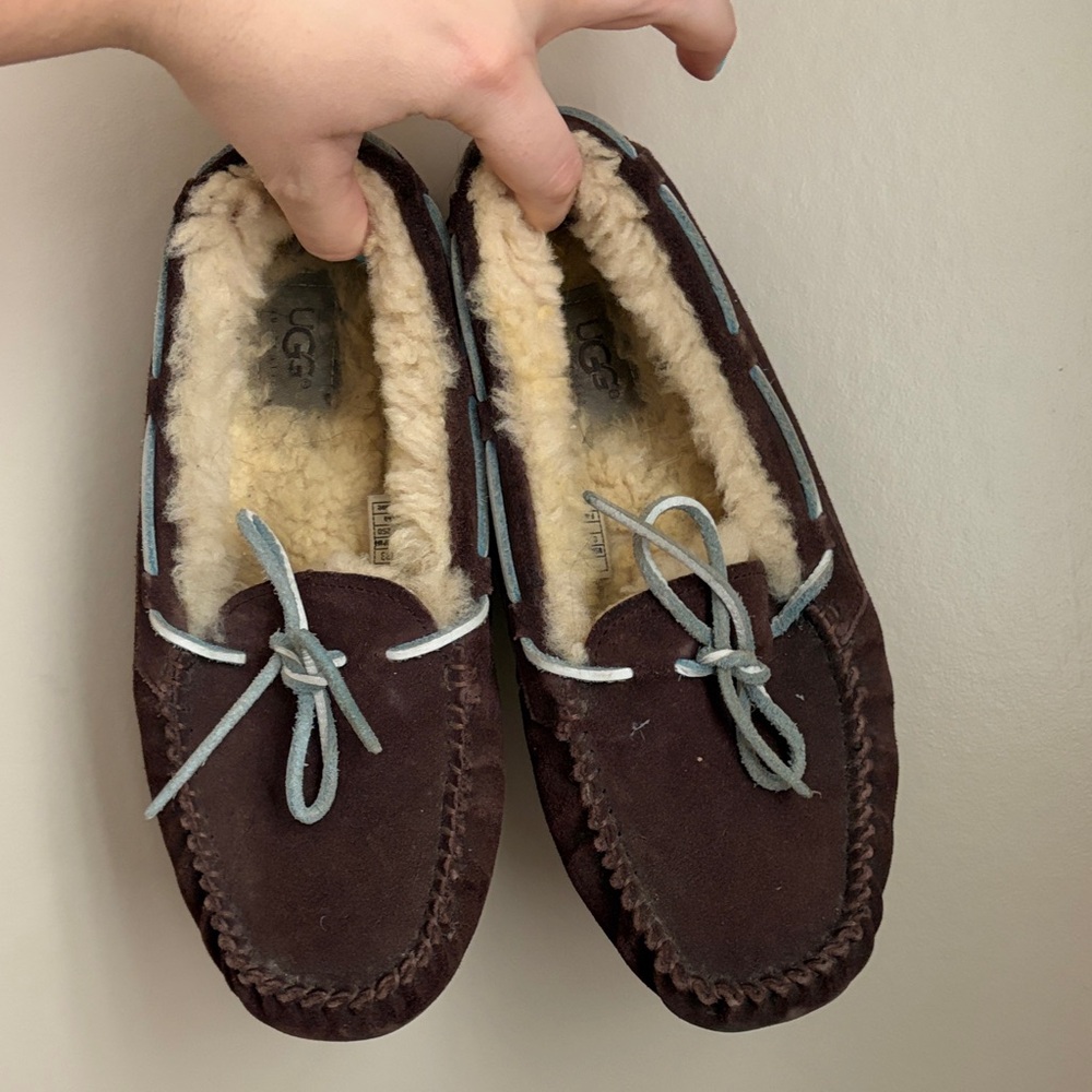 UGG Chocolate Suede Moccasins with Light Blue Accents